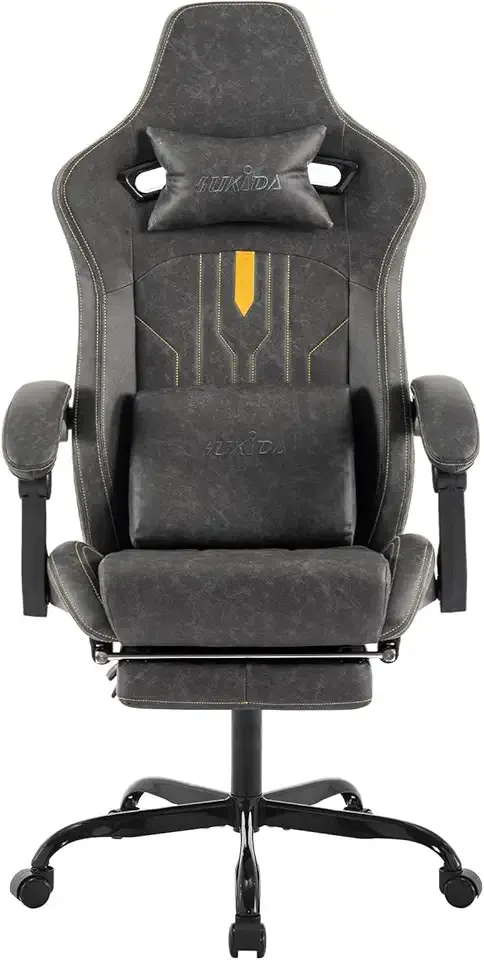 Gaming Chair with Footrest Ergonomic Computer Chair Massage Lumbar Cushion, Racing Video Game Chair Adjustable Rocker Recliner Executive Office Desk Chair Pu Leather for Adults, Grey