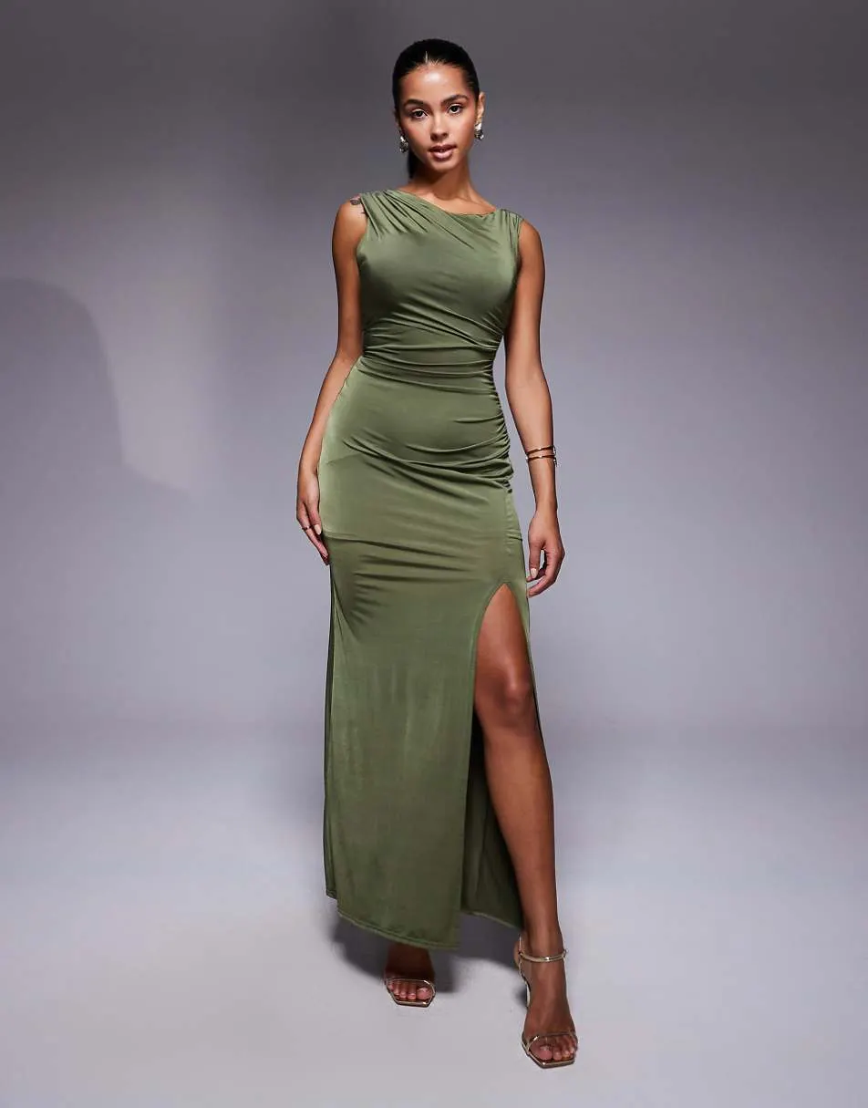 TFNC off shoulder midaxi dress with thigh split in olive