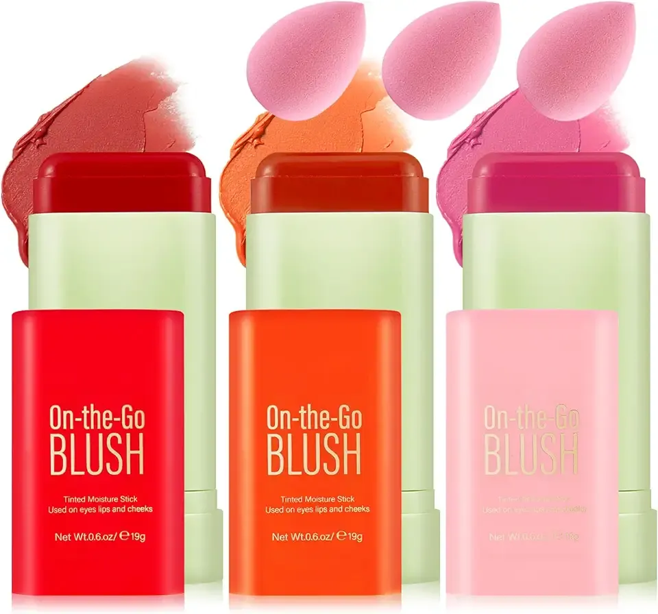 3 Colors Blush Stick with Makeup Sponges,Matte Solid Cream Blush,Multi-Use Blush Stick for Cheeks,Lips and Eye,High Pigmented Makeup Sticks Set A