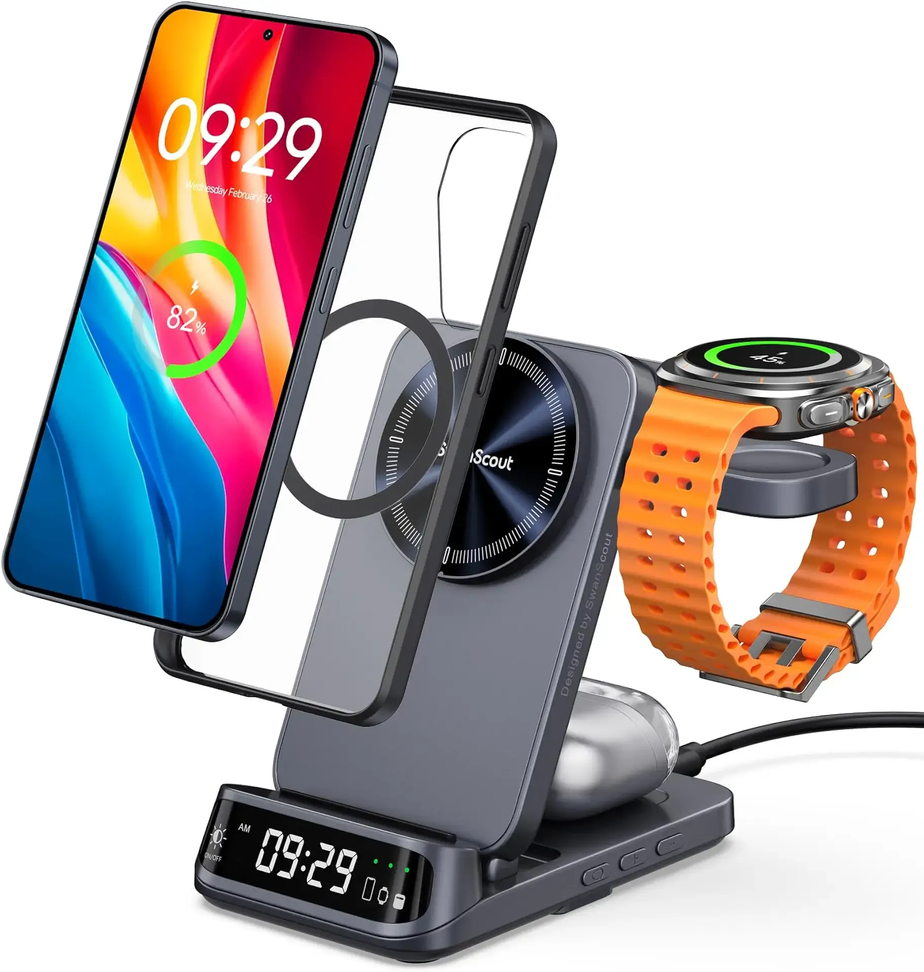 Magnetic Wireless Charging Station for Samsung, 3-in-1 Foldable Fast Charger for Galaxy S25/S24/S23/Z Fold & Flip 7/6/5, Galaxy Watch 8/7/6/5 Pro/Ultra & Buds, SwanScout 708SM (Need Magnetic Case)