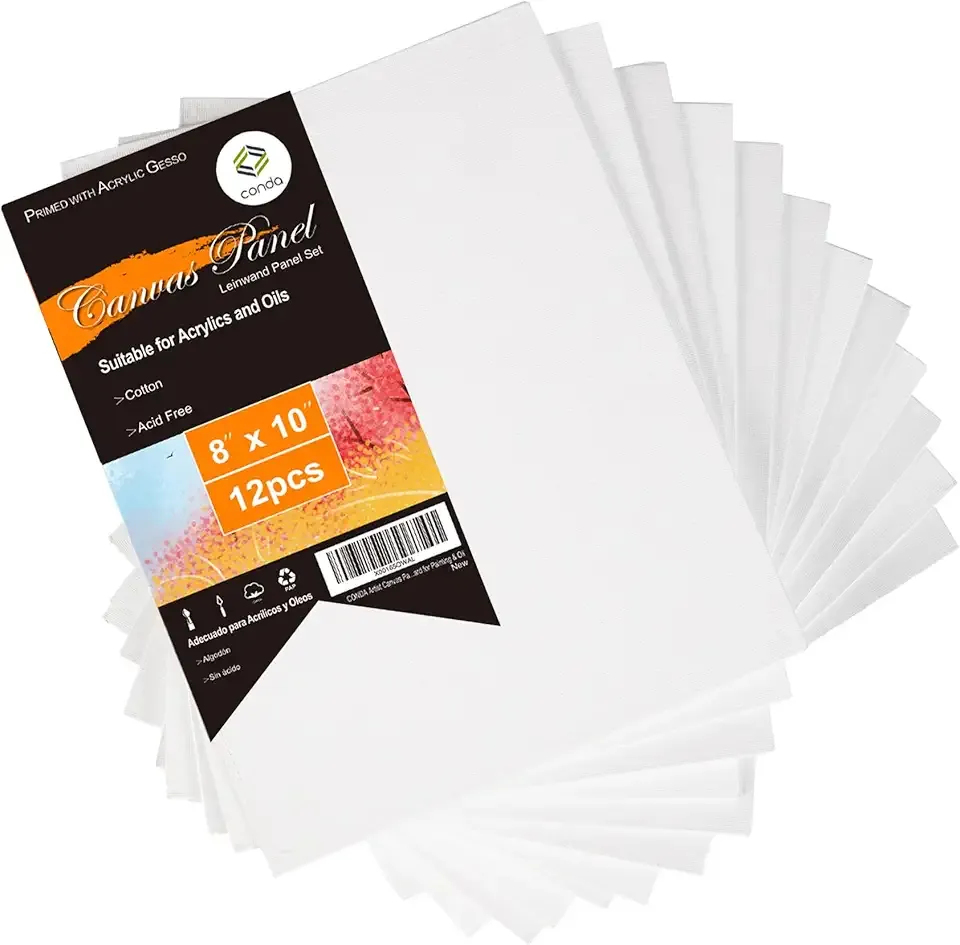 CONDA Canvas Boards for Painting, 8 x 10 inch, 12 Pack, 100% Cotton Canvas Panels, White Blank Canvases, Primed, Acid-Free, Artist Quality for Acrylic, Pouring Watercolor & Oil Painting