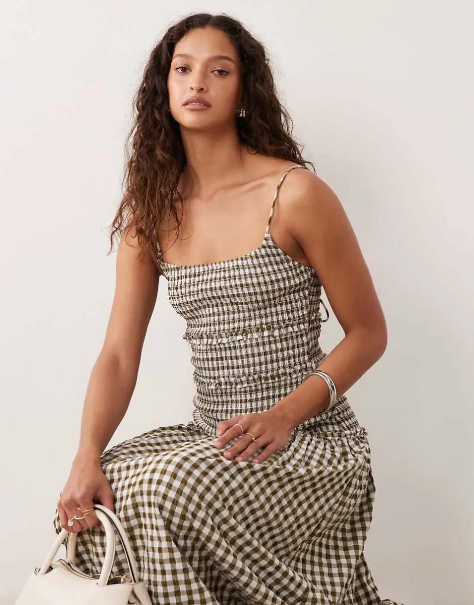 ASOS DESIGN crinkle maxi sundress with shirred dropped waist in olive and cream gingham