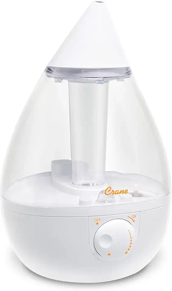 Crane White Teardrop Ultrasonic Cool Mist Humidifier, 1 Gallon Auto Shut-Off for Large Room, Baby Nursery, Bedroom Office, Clear & White