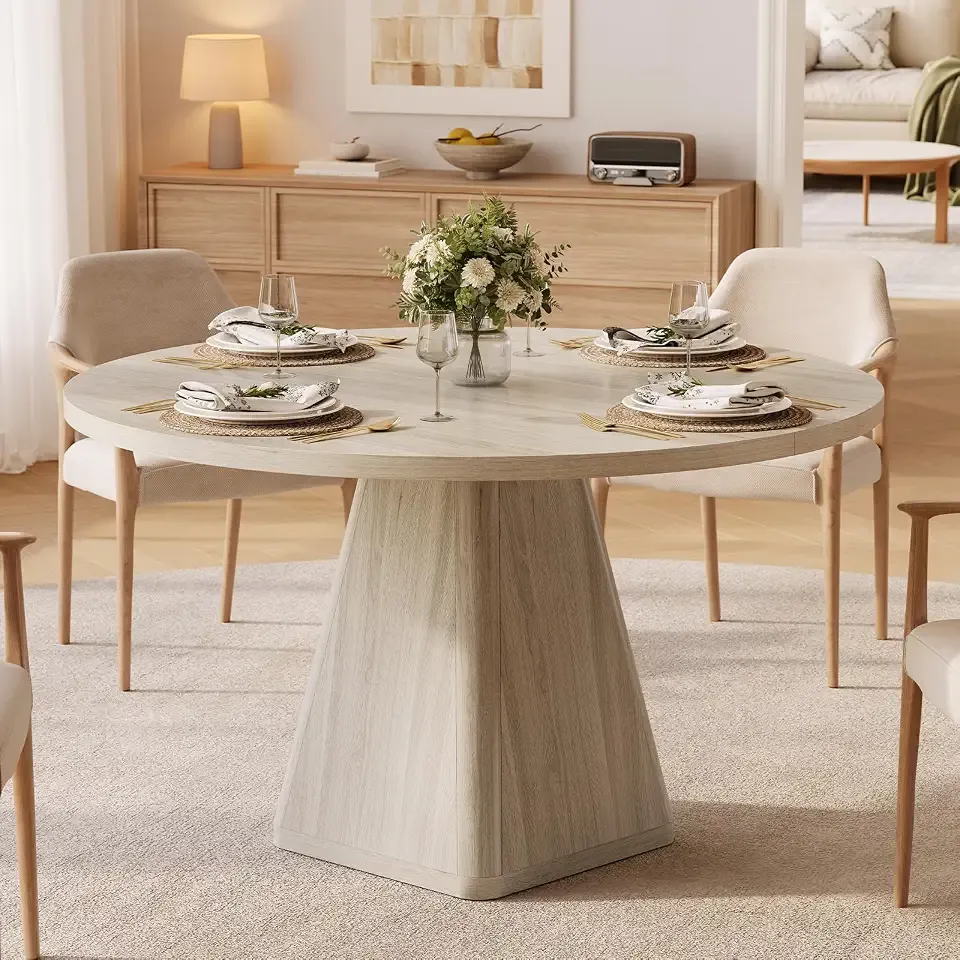 47 Inch Round Dining Table for 4-6, Pedestal Kitchen Dinner Table White | Circle Table Wooden, Thickened Tabletop, Square Pedestal Base, Modern Style for Kitchen Dining Room Restaurant