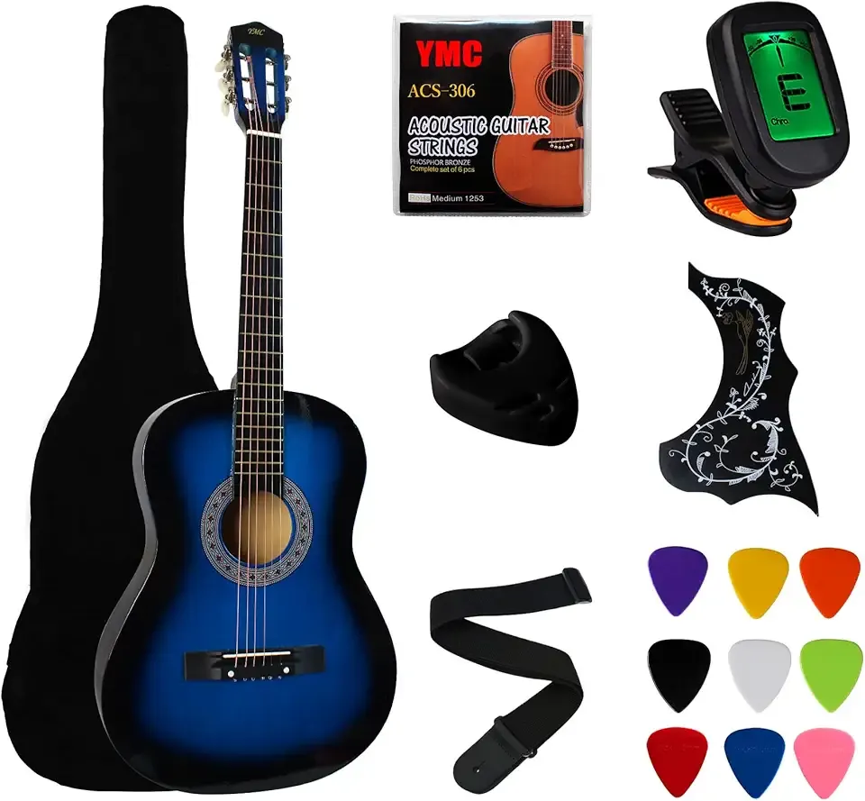YMC 38" Blue Beginner Acoustic Guitar Starter Package Student Guitar with Gig Bag,Strap, 3 thickness 9 Picks,2 Pickguards,Pick Holder, Extra Strings, Electronic Tuner -Blue