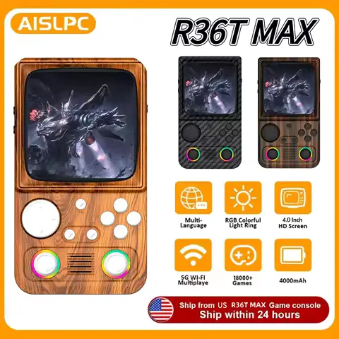 R36T MAX Retro Handheld Game Console 4.0 Inch IPS Screen EmuELEC System 22000+ Games WIFI Online Battle Portable Video Game
