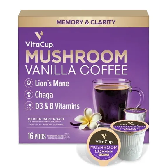 VitaCup Mushroom Coffee Pods 16ct, Vanilla Flavored Coffee with Chaga, Lion’s Mane, and Vitamins, Compatible with Keurig K-Cup Brewers $26.95 Was $29.95