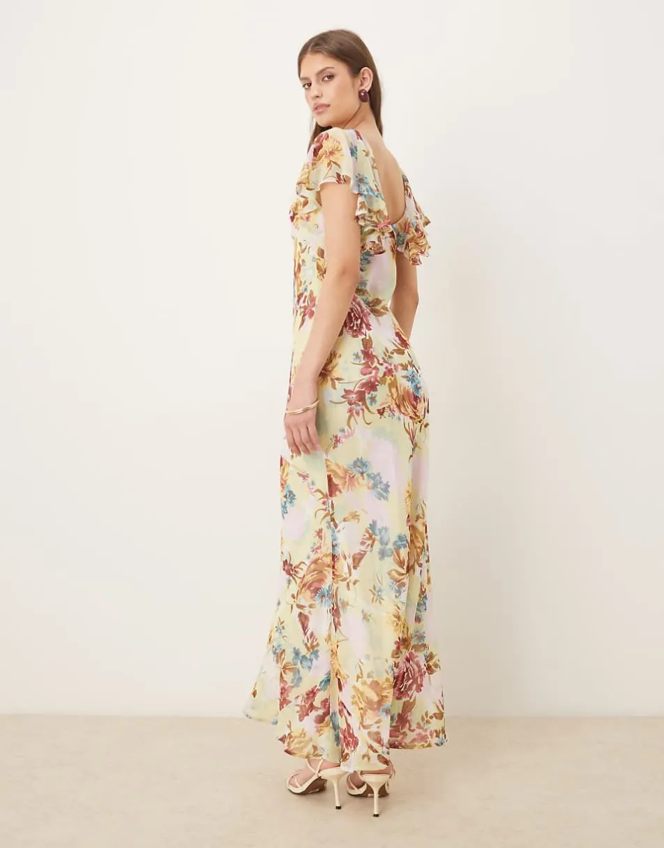 ASOS DESIGN ruffle sleeve scoop bias maxi dress in green floral