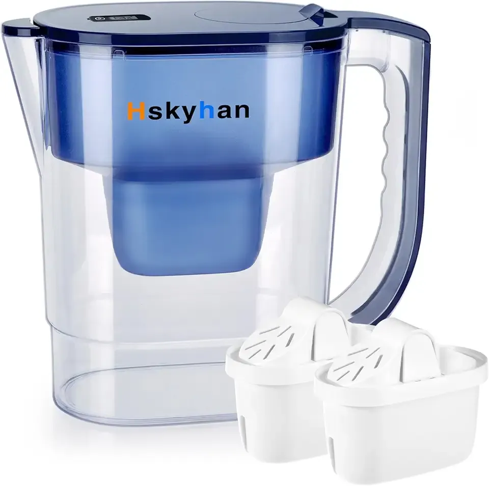 Hskyhan Water Filter Pitcher - 3.8 Liters, 2 Long Lasting Filters Included, Replacement Cartridge Timer, 7 Stage Filtration, Reduces Lead, Fluoride, Chlorine and More, Blue