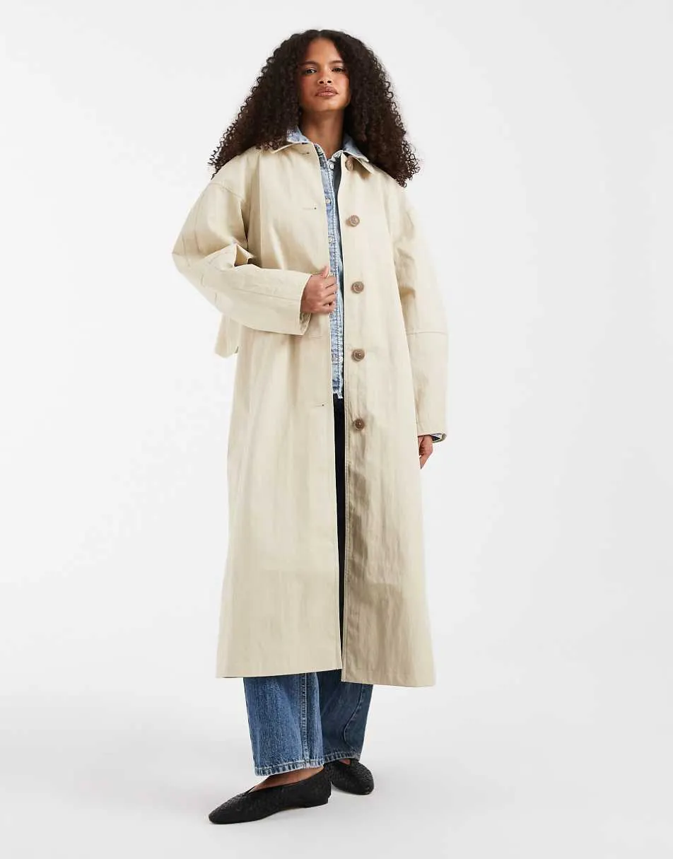 ASOS DESIGN longline trench coat with pleat detail in stone