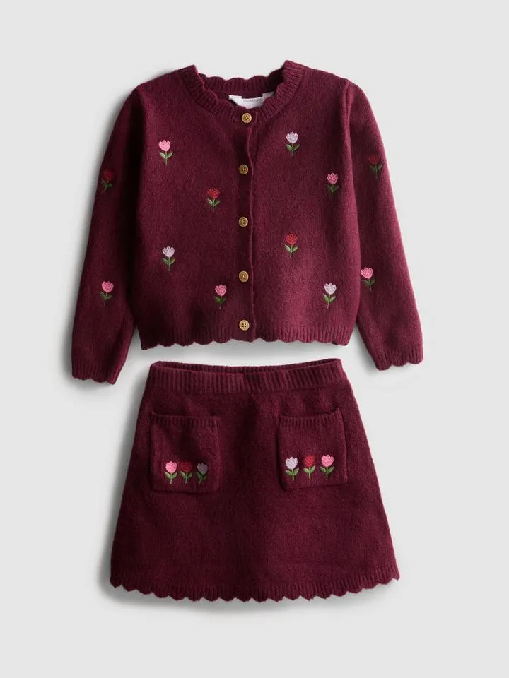1–9 ans | Ensemble gilet et jupe à fleurs brodées