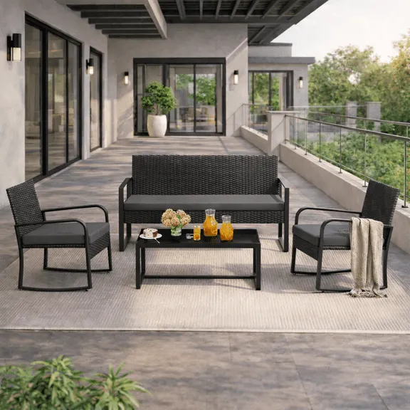 Clearance All-Weather Handwoven steel 4-Piece Patio Set Including Chairs and Coffee Table for Outdoor Leisure Space Dark Grey $109.99 Was $199.99