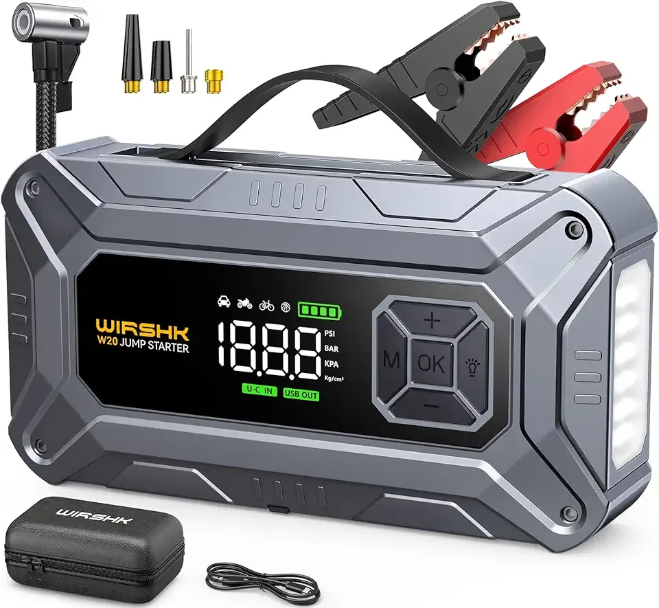 Jump Starter with Air Compressor, 8000A 160PSI Car Jump Starter (8.0 Gas/10.0L Diesel), 12V Battery Jump Starters, Portable Jump Cables, LCD Display and LED Lights