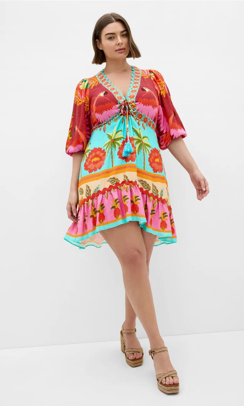 Cabana Print Ruffle Mini Dress - aqua multi