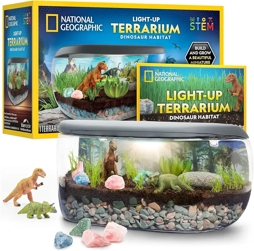 National Geographic Light Up Terrarium Kit for Kids - Build a Dinosaur Habitat with Real Plants & Gemstones, Science Kit, Dinosaur Toys for Kids (Amazon Exclusive)