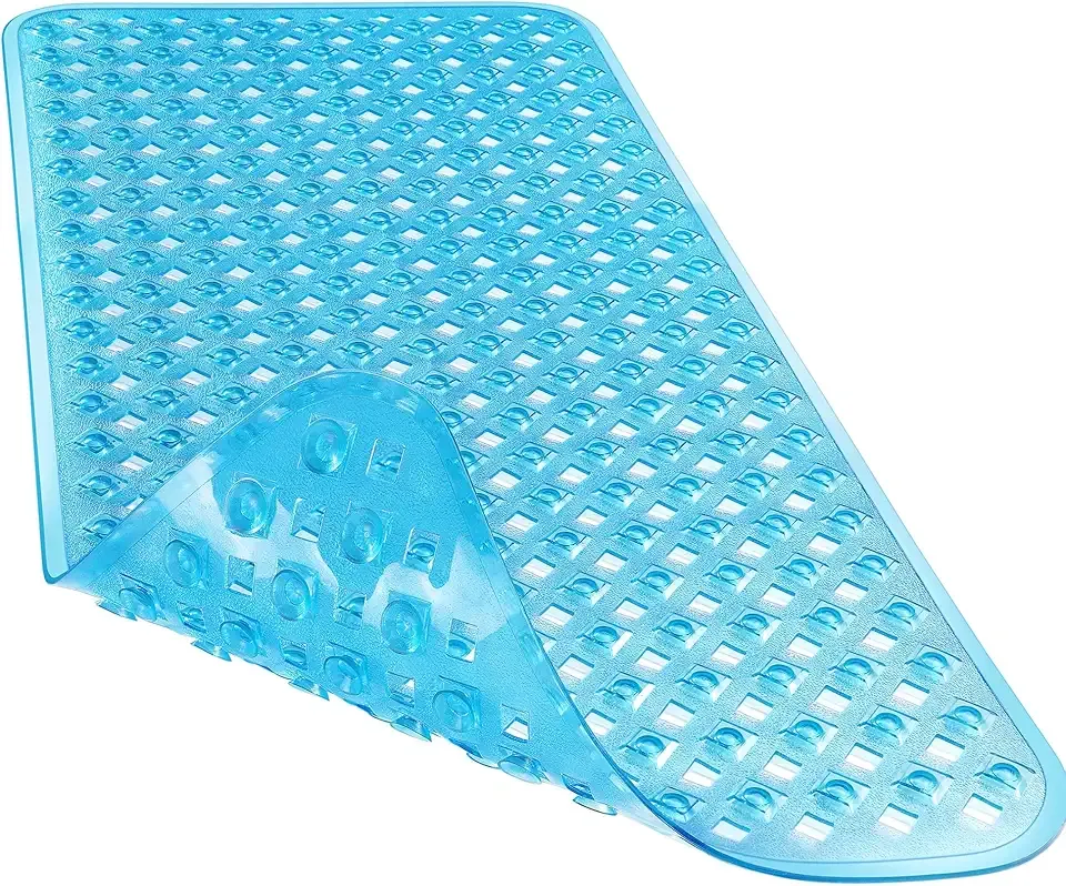 Yimobra Non Slip Bath Mat, Super Strong Suction Cups,34.5"x15.5"Long Tub Mat with Drain Holes, Machine Washable Fast Draining Shower Mats, Bathroom Essentials,Clear Blue