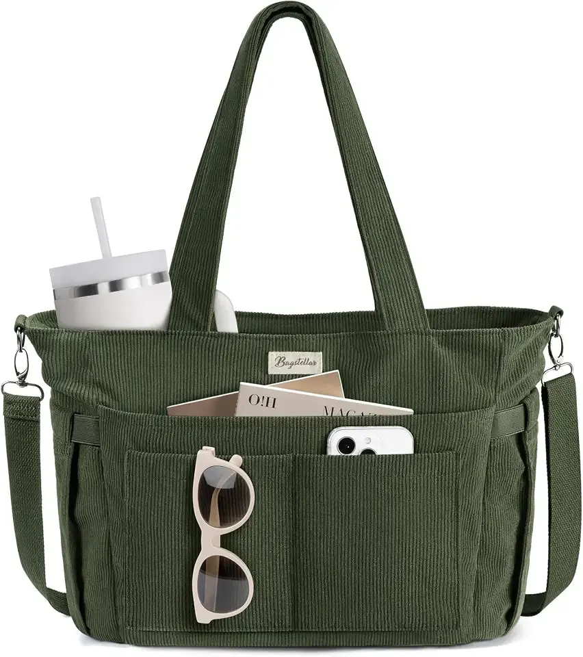 Bagstellar Corduroy Tote Bag for Women, 17 Pockets Laptop Work Tote Purse | Large 15.6” Computer Bag w/ 40oz Cup Holder & Strap, Zipper Teacher Nurse Bible Shoulder Bag for School Travel College Office