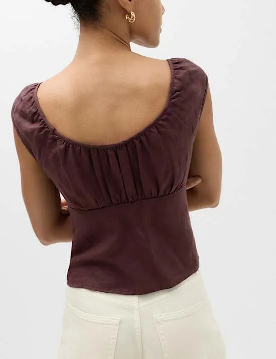 Pure Linen Square Neck Ruched Top