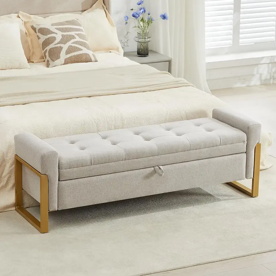57" Storage Ottoman Bench, Linen Upholstered End of Bed Storage Bench with Metal Legs & Button-Tufted, Large Ottoman with Storage 500 lb Capacity, for Living Room, Bedroom, Entryway, Beige