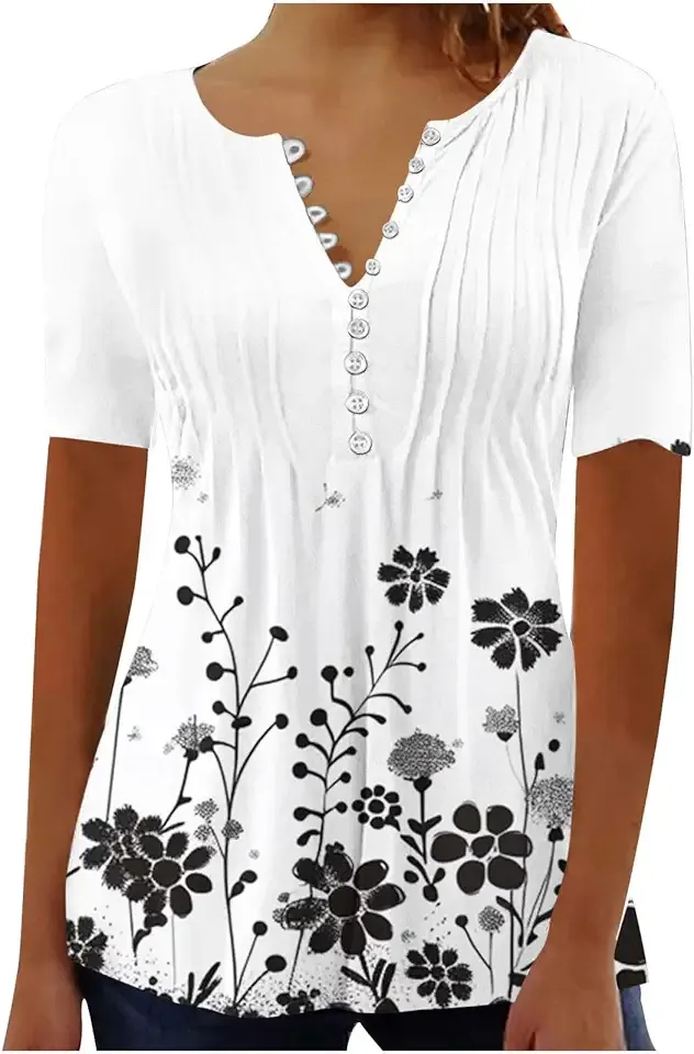Summer Tops for Women 2026 Trendy Boho Floral Print Tunic Shirts Short Sleeve Button v Neck Tshirt Casual Loose Blouse