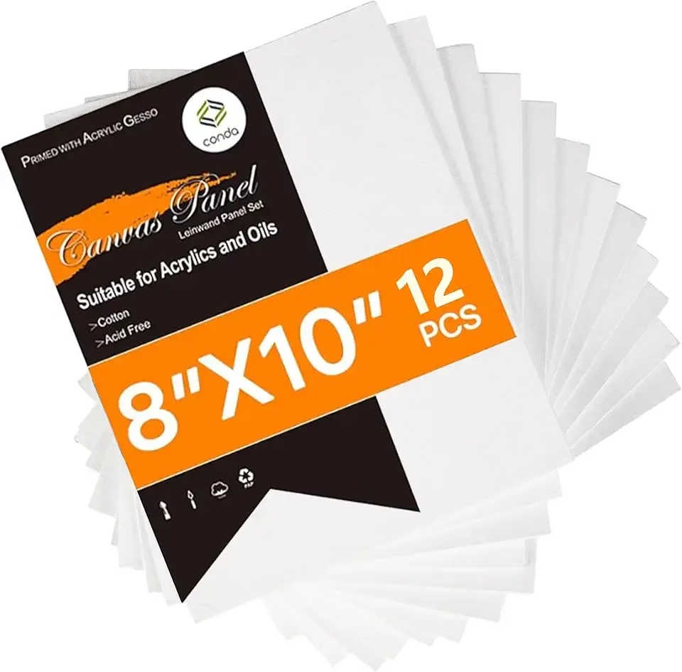 CONDA Canvas Boards for Painting,100% Cotton Canvas Panels, White Blank Canvases, Primed, Acid-Free, Artist Quality for Acrylic, Pouring Watercolor & Oil Painting 8 x 10 inch, 12 Pack