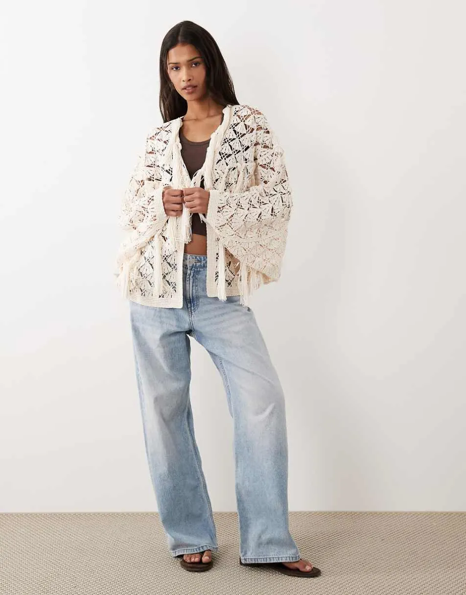 ASOS DESIGN premium crochet stitch fringed cardigan in cream
