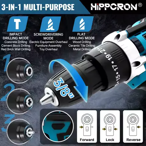 Hippcron Cordless Impact Electric Drill Driver Kit 25+3 Torque Setting 3/8" Keyless Chuck Portable Power Tool Variable Speed