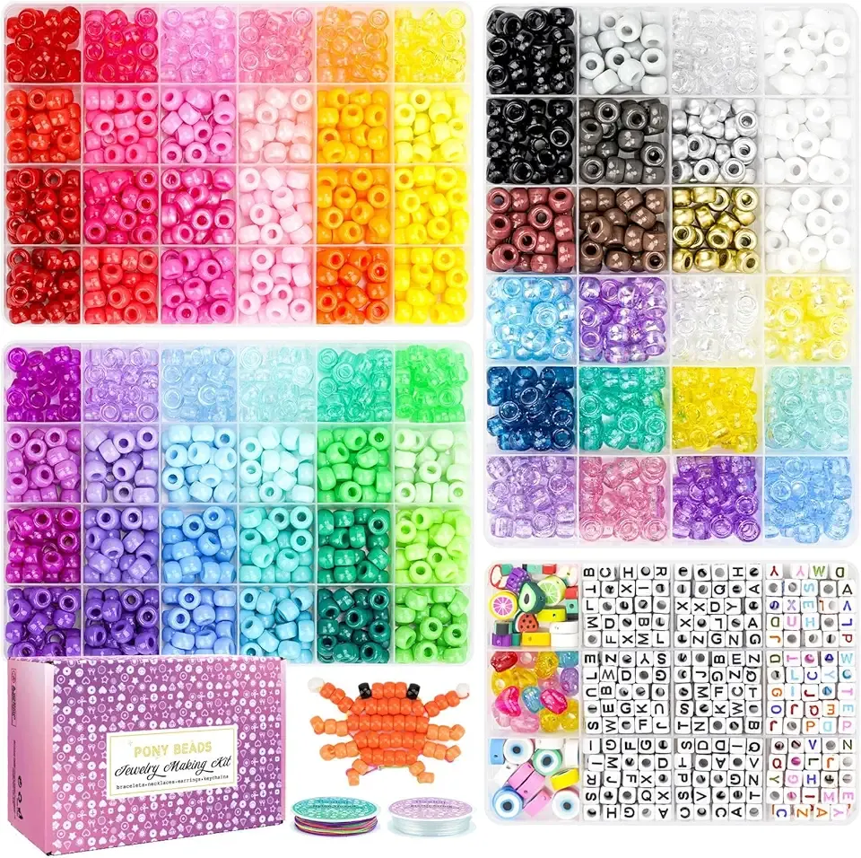 2400pcs Pony Beads 72 Colors 9mm Friendship Bracelets Making Kit, Rainbow Kandi Beads Bulk Letter Beads for Name Bracelets Jewelry Making Crafts with Elastic String