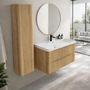 CONJUNTO MUEBLE DE BAÑO SUSPENDIDO MODELO IRUN 80 CM. 2 CAJONES ROBLE ALBA Y LAVABO COSMOS