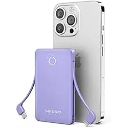 miisso 6000mah Ultra Slim Built in Cables Power Bank, Card Size Built in USB C Cords Battery Pack Portable Charger for Phones, 3 Output External Battery Pack Compatible with iPhone, Purple