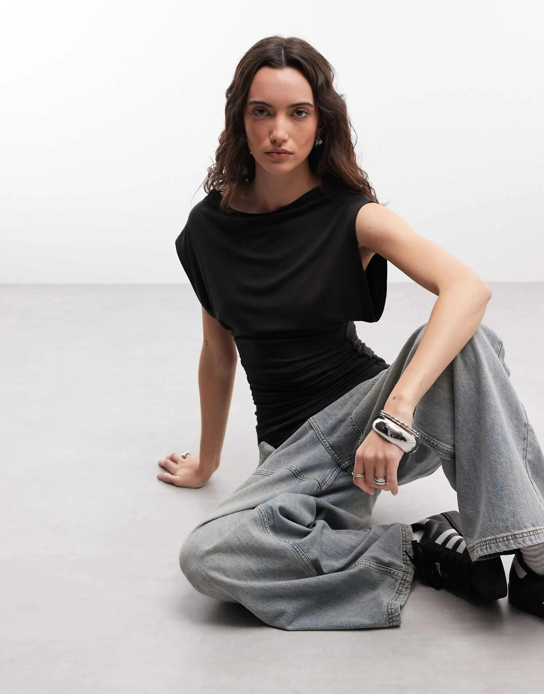 ASOS DESIGN slouch relaxed neck ruched waist tank top in black