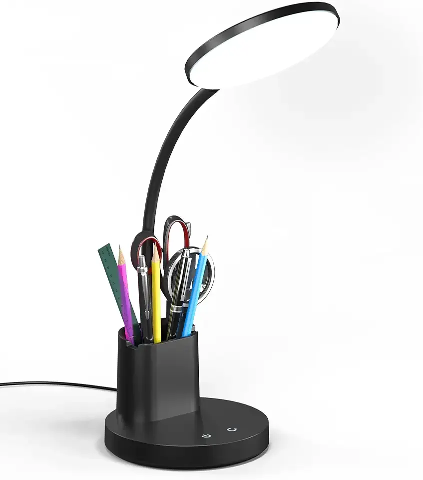 Desk Lamp, LED Desk Lamp for Home Office, Touch Table Lamp with 3 Color Modes 360° Adjustable Arm, Dimmable Desk Light with Pen Phone Holder, Black