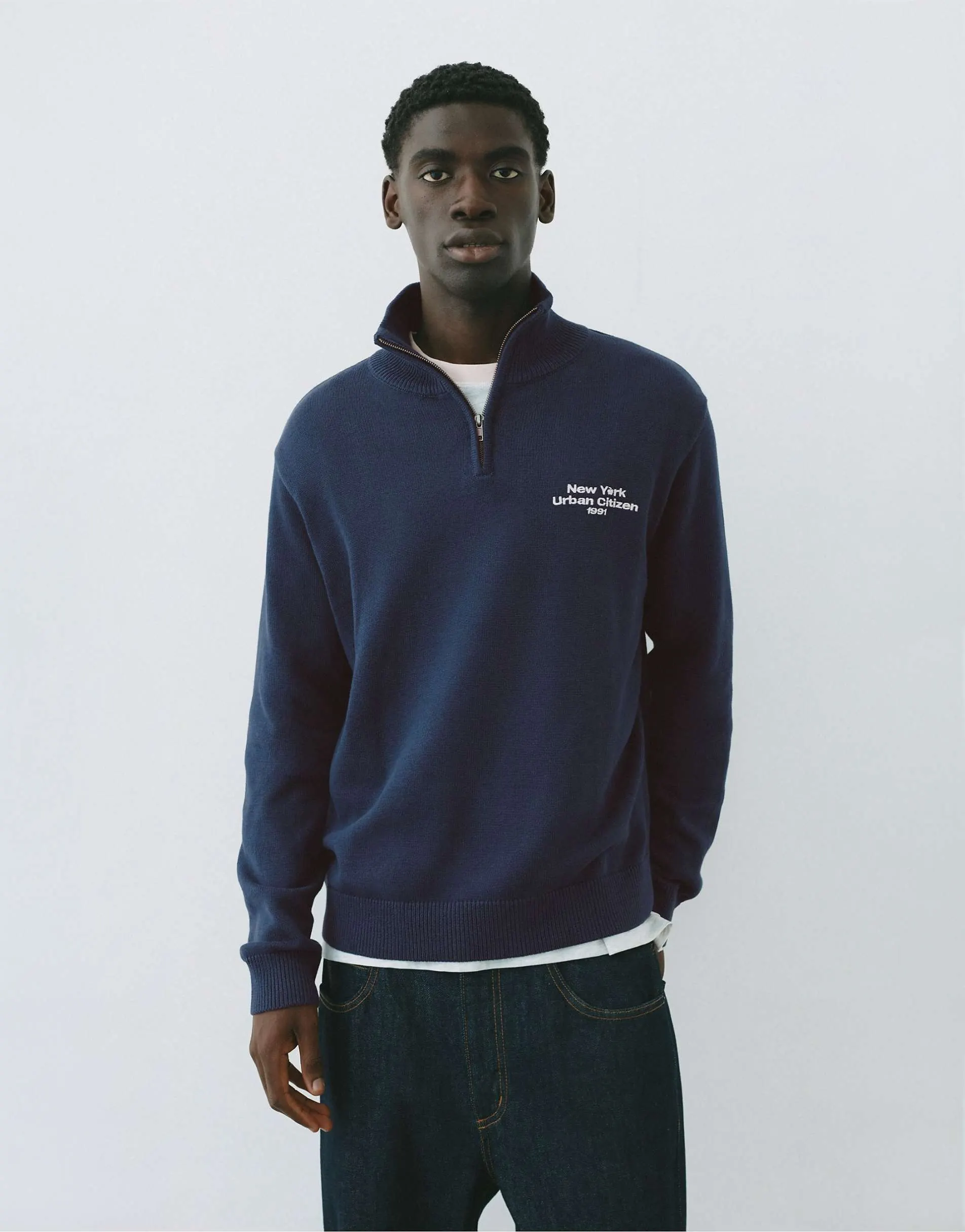 Pull&Bear Embroidered quarter-zip sweatshirt in blue