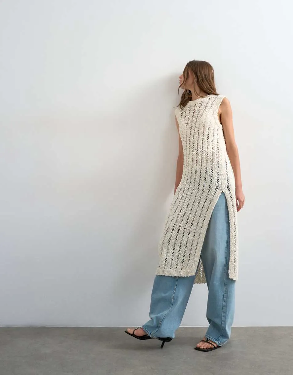 Topshop knitted textured open stitch sleeveless dress in ivory