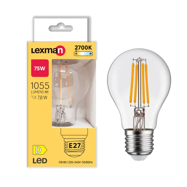 Lampadina LED filamento, E27 goccia, trasparente, 7.8W = 1055 LM (equiv 75 W), 330°, LEXMAN