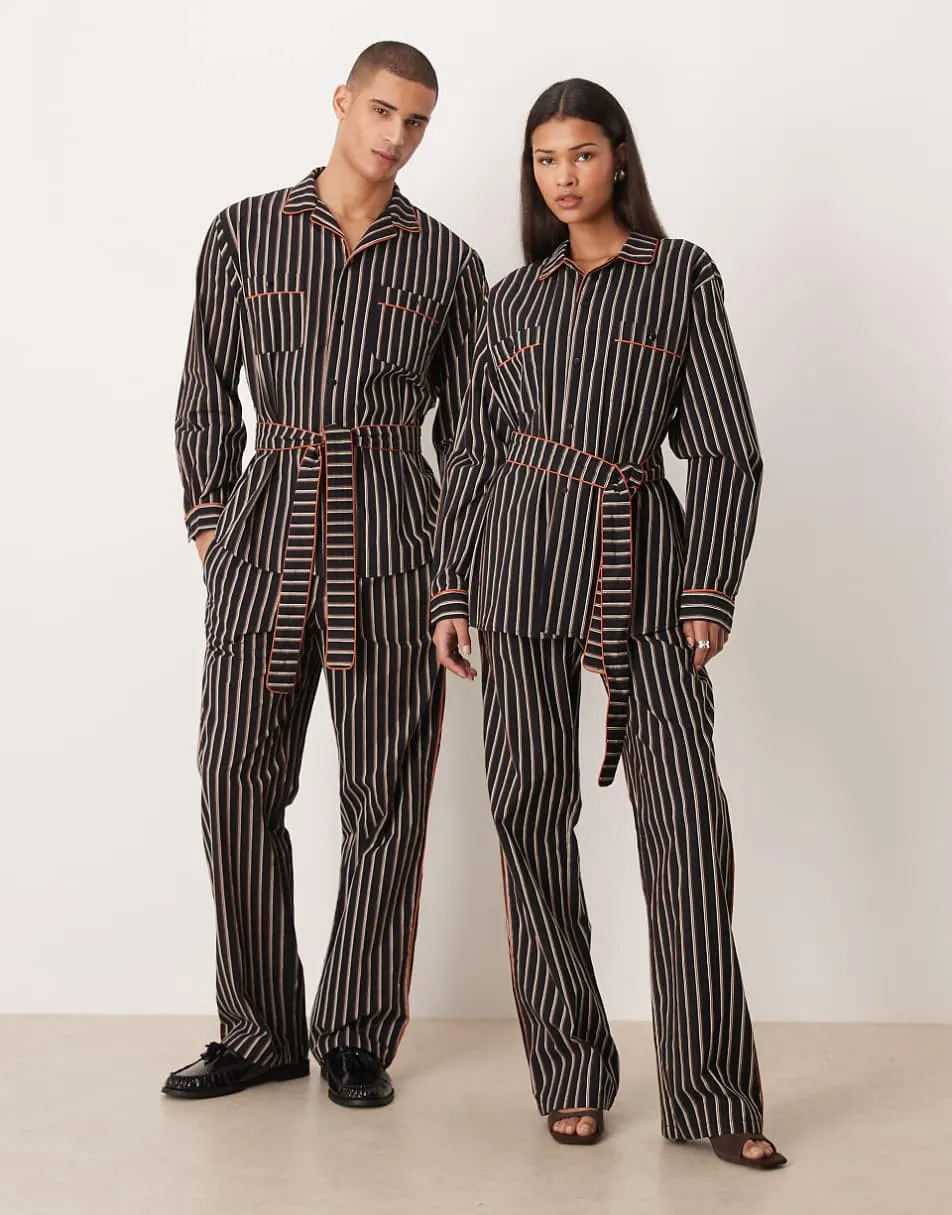 Sister Jane Unisex Wisp pure cotton contrast piping tie waist shirt co-ord in navy and black stripe
