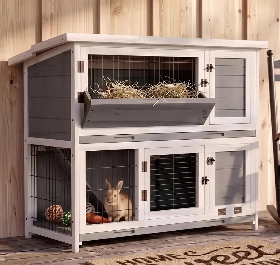 STILLCOVE Large Rabbit Hutch Outdoor: 2-Story Bunny House with Hay Feeder | 2-Pull Out Tray, Waterproof Roof, Grey, 5 Doors, Wooden, Small Animal Cage Indoor, for Guinea Pig Ferret Chinchilla Hedgehog