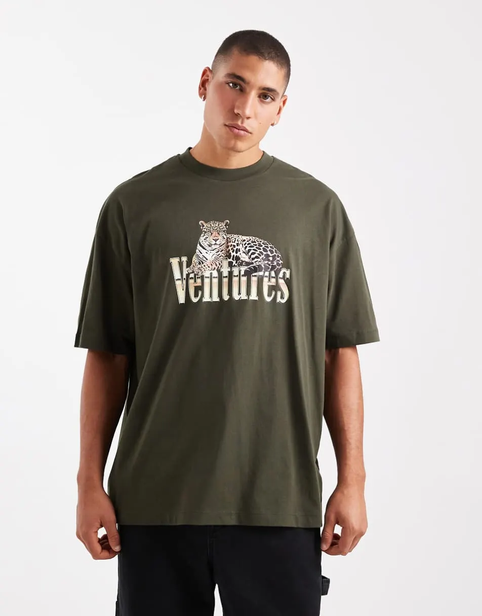 ASOS DESIGN oversized t-shirt with leopard text graphic in khaki