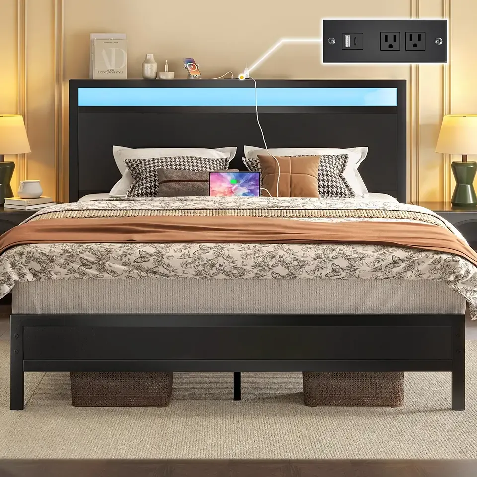 Fluest Queen Bed Frame with Headboard & Footboard, Bed Frame with Built-in Charging Station & LED Light, Storage Shelf, Noise-Free, No Box Spring Needed, Easy Assembly, Classic Black