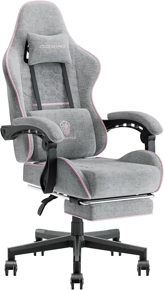 Dowinx Gaming Chair Fabric with Pocket Spring Cushion, Massage Game Chair Cloth with Headrest, Ergonomic Computer Chair with Footrest 290LBS, Pink and Grey