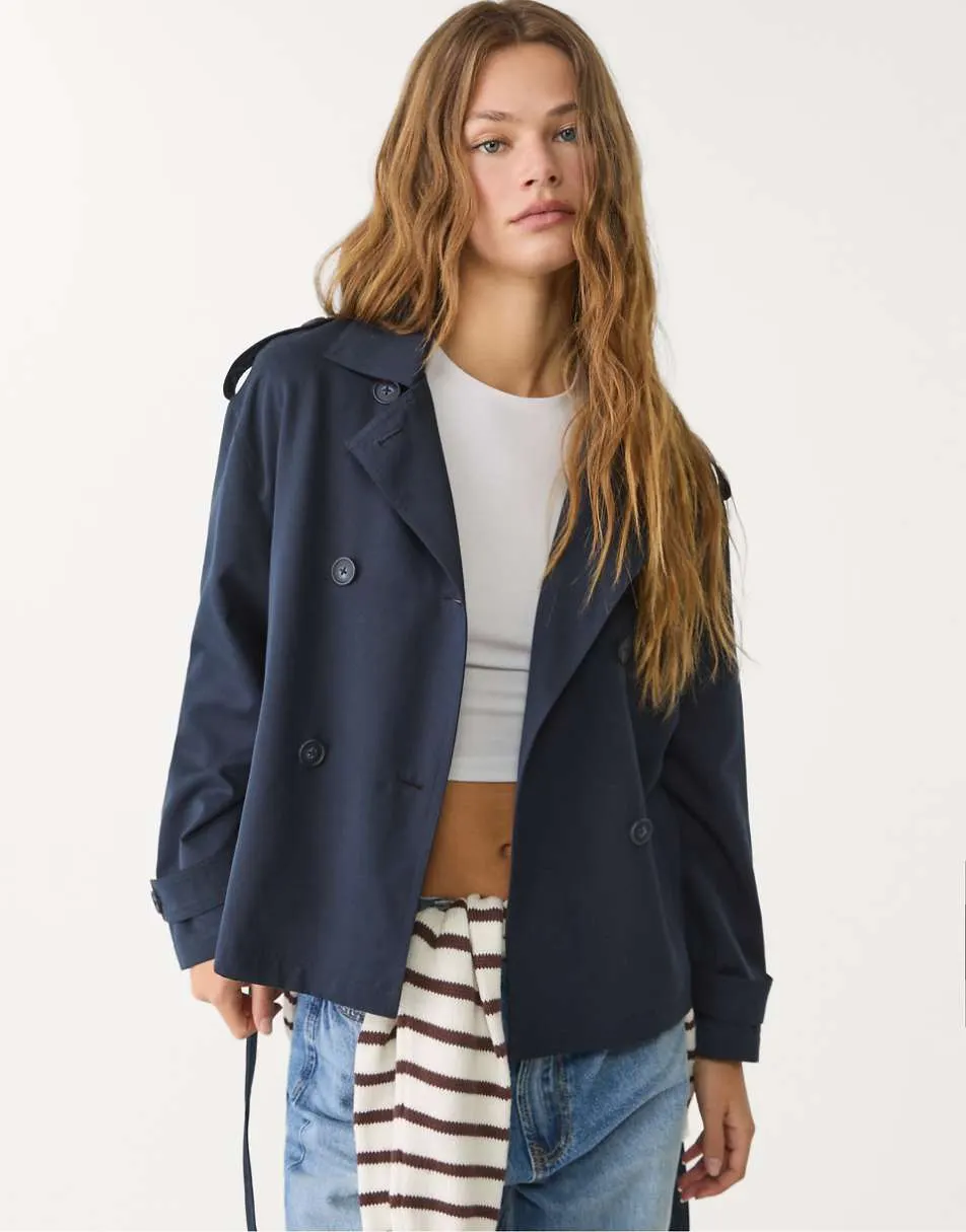 Stradivarius cropped trench coat with belt in navy blue