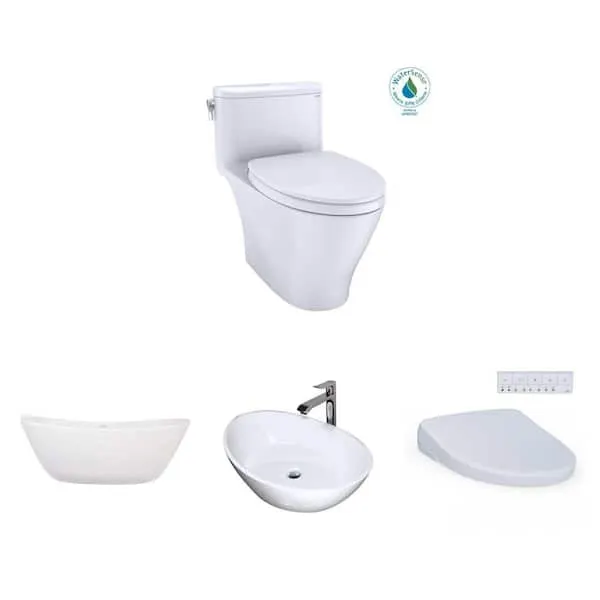 Vail 65 in.​ Bathtub, Arc 22 in.​ Vessel Sink, S7A Bidet Seat, and Nexus Toilet Combo (Cotton White)​