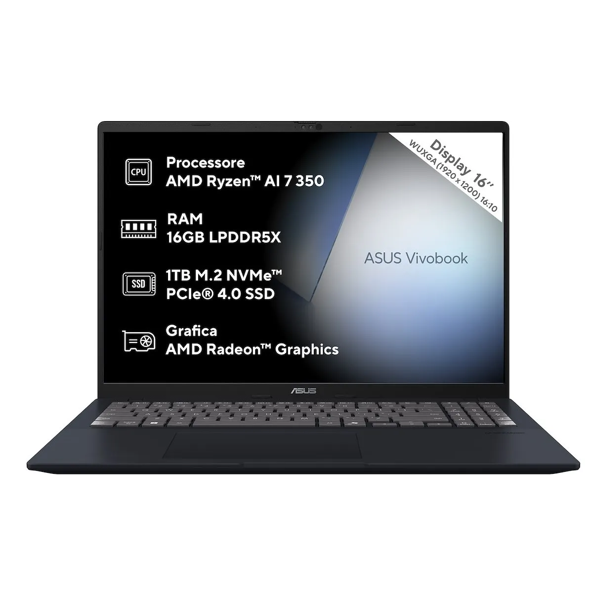 ASUS - ASUS Vivobook 16 M1607KA - MB053W, Notebook con display 16", processore AMD Ryzen™ AI 7 350, RAM 16GB, 1TB SSD, Blue.