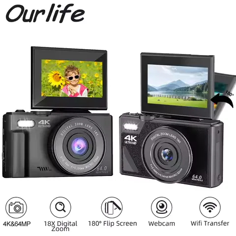 Ourlife AC600 Digital Camera 4K 64MP UHD Cameras 18X Digital Zoom 180° Flip Screen Vintage Vlogging Camera for YouTube Autofocus