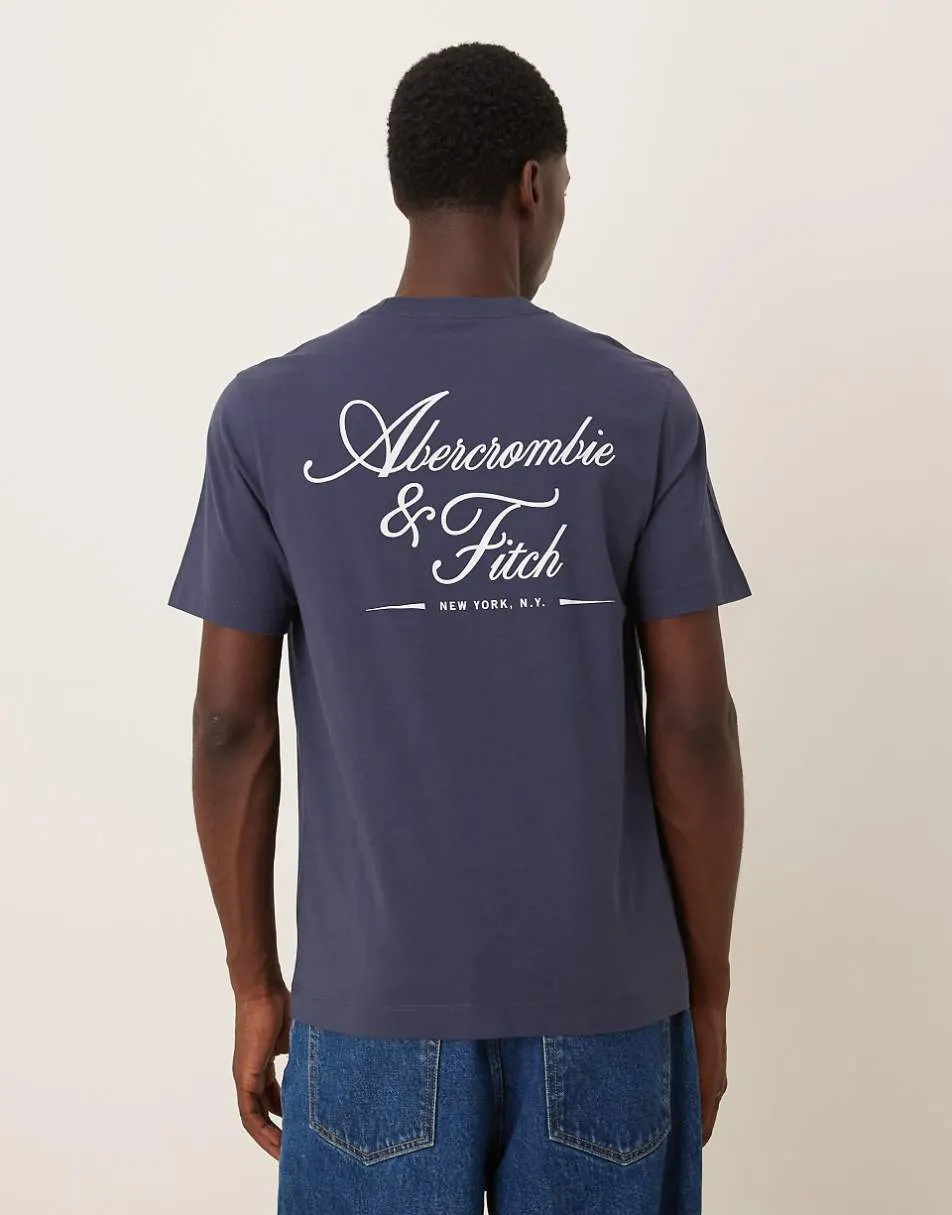 Abercrombie & Fitch script logo back print t-shirt in navy