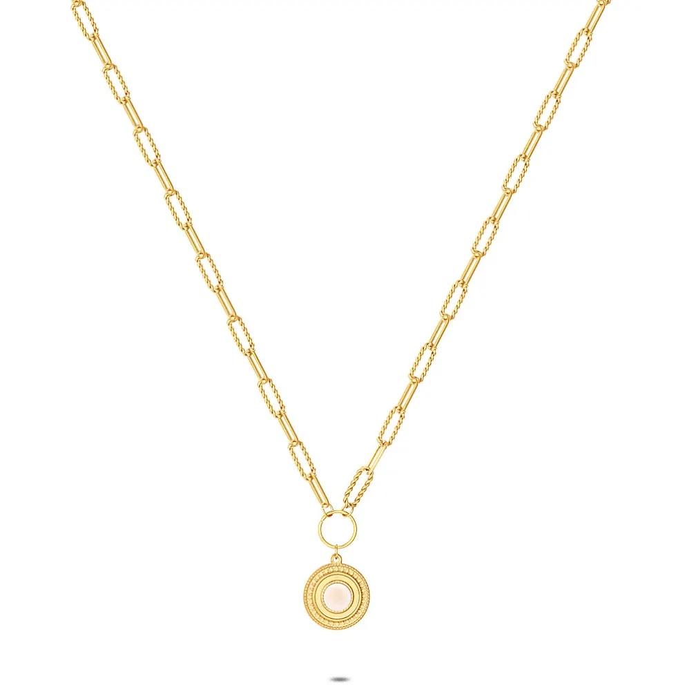 Halsketting in edelstaal, ronde hanger met witte steen