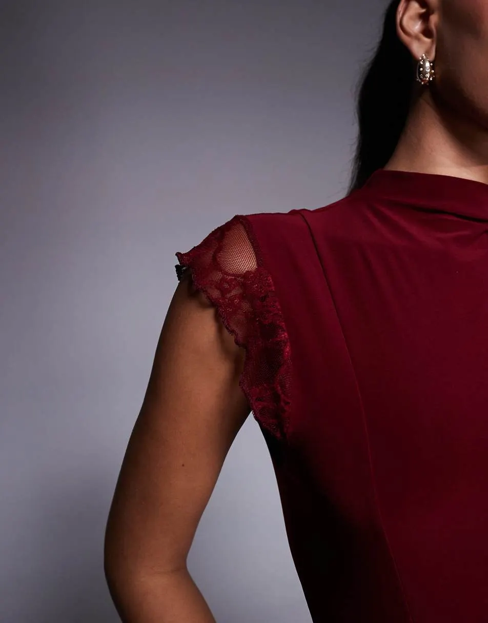 ASOS DESIGN high neck cap sleeve maxi dress with lace insert detailing in burgundy