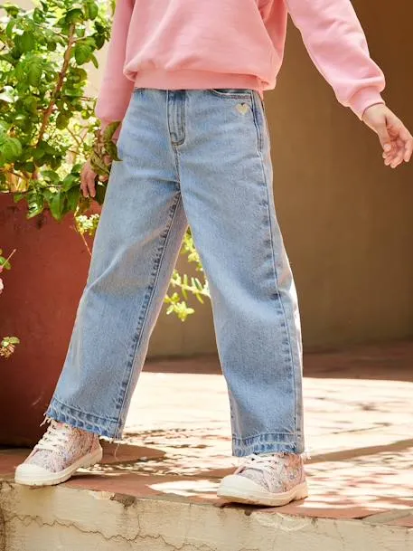 Jean fille large bas effiloché - denim bleached