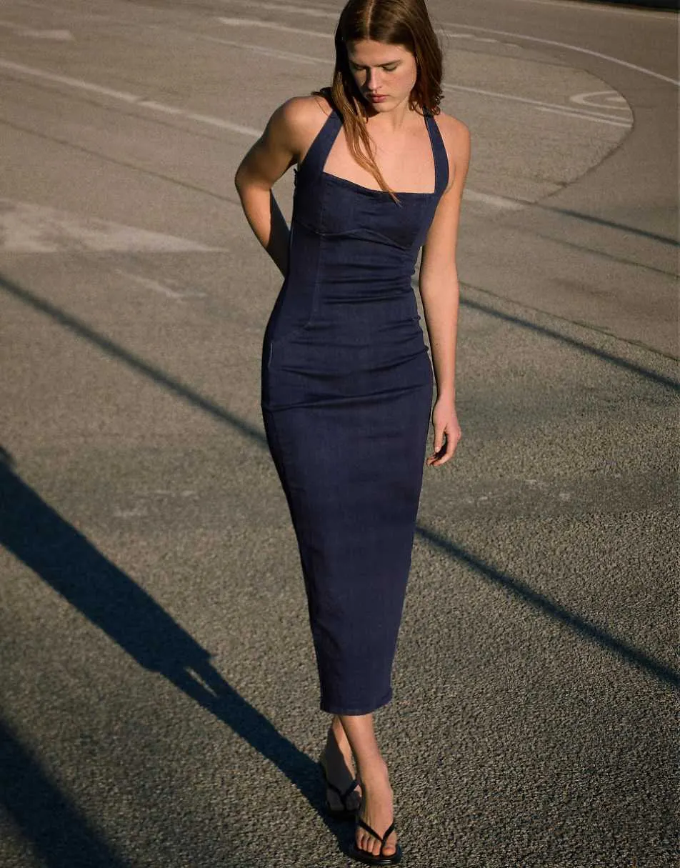 Bershka Denim midi dress in blue