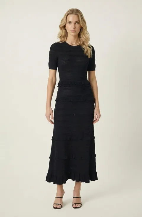 Textured Knit Midi Dress with Ruffle Trim